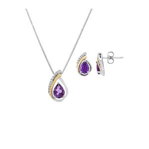 10KT Gold & Sterling Silver Genuine Amethyst Earring and Necklace Set